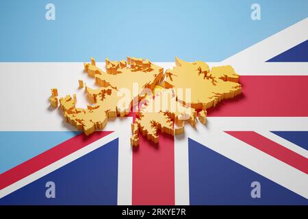 Karte der Falklandinseln in drei Dimensionen auf den Flaggen Argentiniens und Großbritanniens. 3D-Abbildung. Stockfoto