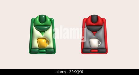 3D-Illustration Kaffeemaschine für die Zubereitung von Kaffee Cappuccino und Espresso. Stock Vektor