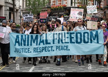 London, Großbritannien. 26. August 2023. Volksaktivisten im märz, vom Marble Arch bis zum Parliament Square, fördern das Wohlergehen der Tiere, bekämpfen Tierausbeutung und Grausamkeit aus ethischen und ökologischen Gründen und fordern ein pflanzenbasiertes Lebensmittelsystem. Quelle: Ron Fassbender/Alamy Live News Stockfoto