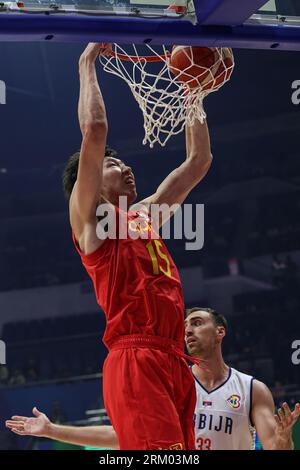 Manila, Philippines. 26th Aug, 2023. Zhou Qi of China dunks during the Group B match between Serbia and China at the 2023 FIBA World Cup in Manila, the Philippines, Aug. 26, 2023. Credit: Wu Zhuang/Xinhua/Alamy Live News Stock Photo