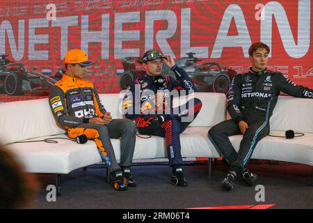 Zandvoort, Netherlands. 26th Aug, 2023. Press Conference Lando Norris 4 (GBR), McLaren MCL60 Max Verstappen 1 (NED), HONDA Red Bull Racing RB19 during the FORMULA 1 HEINEKEN DUTCH GRAND PRIX 2023 at CM.com Circuit Zandvoort, Zandvoort, Netherlands on 26 August 2023 Credit: Every Second Media/Alamy Live News Stock Photo