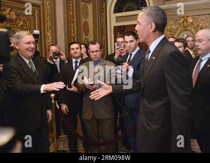 Bildnummer: 59354732  Datum: 15.03.2013  Copyright: imago/Xinhua (130314) -- WASHINGTON D.C., March 14, 2013 (Xinhua) -- U.S. President Barack Obama (R) reaches out to shake hand with Senate Republican Minority Leader Mitch McConnell before a meeting with the Senate Republicans on Capitol Hill in Washington D.C., capital of the United States, March 14, 2013. (Xinhua/Zhang Jun) US-WASHINGTON-POLITICS-CONGRESS-OBAMA PUBLICATIONxNOTxINxCHN Politik people USA premiumd x0x xac 2013 quer      59354732 Date 15 03 2013 Copyright Imago XINHUA  Washington D C March 14 2013 XINHUA U S President Barack Ob Stock Photo