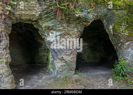 Grotte Saint-Remacle, Oratorium in einer kleinen Höhle mit Altar, der dem Heiligen Remaclus in Cugnon bei Bertrix, Luxemburg, Wallonien, Belgien gewidmet ist Stockfoto