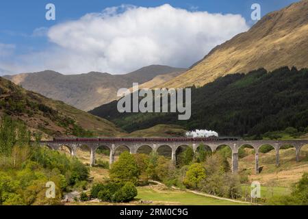 Die jacobite-Dampfeisenbahn überquert das glenfinnan-Viadukt an einem sonnigen Tag, wie im harry-Töpferfilm gezeigt Stockfoto