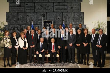 Bildnummer: 59374061  Datum: 19.03.2013  Copyright: imago/Xinhua (130319) -- JERUSALEM, March 19, 2013 (Xinhua) -- Israeli President Shimon Peres (C, seated) and Prime Minister Benjamin Netanyahu (L, seated) pose for a group photo together with the ministers of the new Israeli government, in Jerusalem, March 18, 2013. Israel s 33rd government was inaugurated at the Knesset (parliament) Monday evening after its members were earlier introduced by the prime minister to lawmakers. (Xinhua/Pool/Ronen Zvulun) ISRAEL-NEW GOVERNMENT-INAUGURATION PUBLICATIONxNOTxINxCHN People Politik xjh x0x premiumd 2 Stock Photo