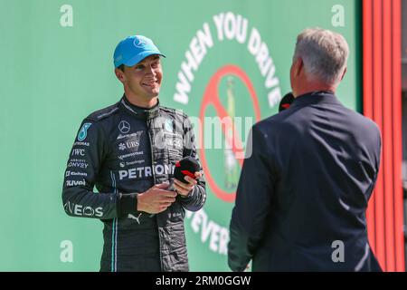 Zandvoort, Netherlands. 26th Aug, 2023. George Russell 63 (GBR), Mercedes W14 media interview David Coulthard after 3rd place in qualifying during the FORMULA 1 HEINEKEN DUTCH GRAND PRIX 2023 at CM.com Circuit Zandvoort, Zandvoort, Netherlands on 26 August 2023 Credit: Every Second Media/Alamy Live News Stock Photo