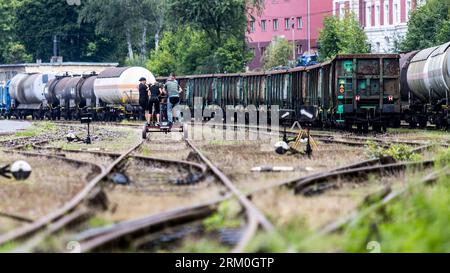 Decin, Tschechische Republik. 26. August 2023. Das zwölfte Jahr der internationalen Meisterschaft der Tschechischen Republik in Handhebel-Draisine-Handwagen-Fahrt fand am 26. August 2023 in Decin, Tschechische Republik, statt. Quelle: Hajek Vojtech/CTK Photo/Alamy Live News Stockfoto