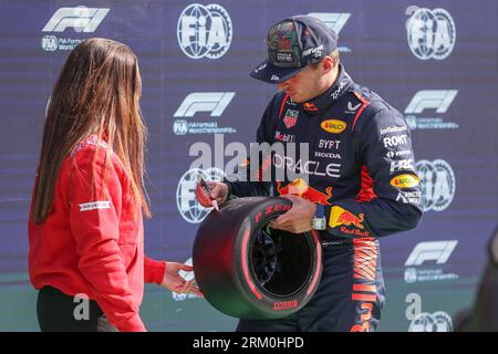 Max Verstappen 1 (NED), HONDA Red Bull Racing RB19 signs pole position award tyre during qualifying at the FORMULA 1 HEINEKEN DUTCH GRAND PRIX 2023 at CM.com Circuit Zandvoort, Zandvoort, Netherlands on 26 August 2023 Stock Photo