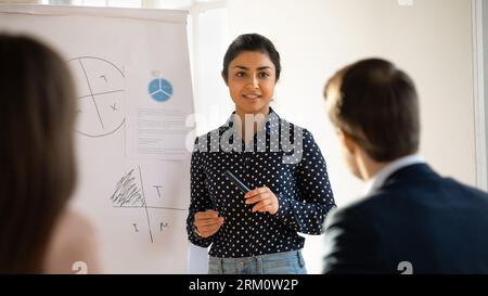 Young indian female coach present project on whiteboard Stockfoto