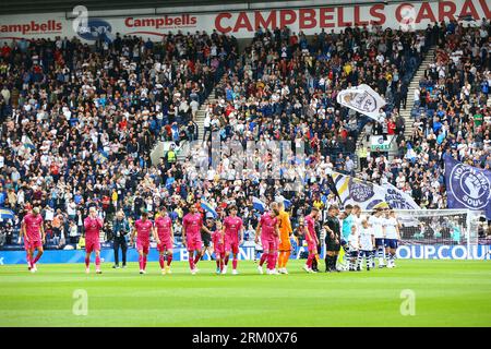 Deepdale Stadium, Preston, England - 26th August 2023 Players come onto the pitch - during the game Preston NE v Swansea City, EFL Championship, 2023/24, Deepdale Stadium, Preston, England - 26th August 2023  Credit: Arthur Haigh/WhiteRosePhotos/Alamy Live News Stock Photo