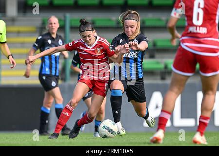 Roeselare, Belgien. 26. August 2023. Noemie Gelders (10) von Standard Pictured Fighting for the Ball with Davinia Vanmechelen (25) of Club YLA während eines Fußballspiels zwischen Club Brugge Dames YLA und Standard Femina de Liege am 1. Spieltag der Saison 2023 - 2024 der belgischen Lotto-Super-Liga für Frauen, am Samstag, den 26. August 2023 in Roeselare, BELGIEN. Quelle: Sportpix/Alamy Live News Stockfoto