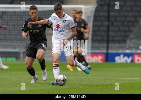 Milton Keynes Dons Dawson Devoy during the first half of the Sky Bet League 2 match between MK Dons and Doncaster Rovers at Stadium MK, Milton Keynes on Saturday 26th August 2023. (Photo: John Cripps | MI News) Credit: MI News & Sport /Alamy Live News Stock Photo