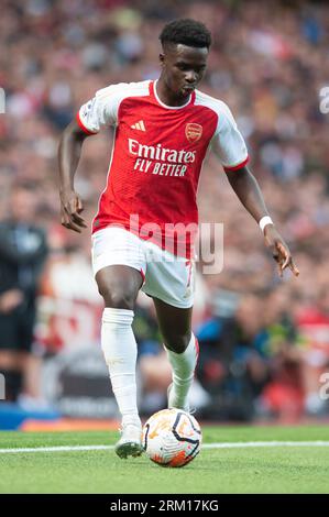 Emirates Stadium, London, Großbritannien. 26. August 2023. Premier League Football, Arsenal versus Fulham; Bukayo Saka von Arsenal Credit: Action Plus Sports/Alamy Live News Stockfoto