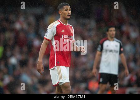 Emirates Stadium, London, UK. 26th Aug, 2023. Premier League Football, Arsenal versus Fulham; William Saliba of Arsenal Credit: Action Plus Sports/Alamy Live News Stock Photo