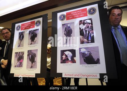 Bildnummer: 59537048  Datum: 18.04.2013  Copyright: imago/Xinhua (130418) -- BOSTON, April 18, 2013 (Xinhua) -- Photos of two suspects (brothers Dzhokhar and Tamerlan Tsarnaev) for the Boston Marathon bombings are seen during a press conference to release their photos and video in Boston, April 18, 2013. The FBI special agent Richard DesLauriers on Thursday released the photos and video of two suspects for Monday s deadly bombings in Boston, asking for the public s help to identify them. (Xinhua/Zhang Jun) US-BOSTON-FBI-SUSPECTS PUBLICATIONxNOTxINxCHN Gesellschaft USA Anschlag Bombenanschlag M Stock Photo