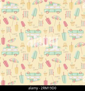 Nahtloses Design mit Eiswagen und Süßigkeiten. Handgezeichnete Abbildung. Digital Stockfoto