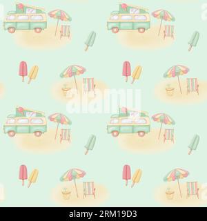 Nahtloses Design mit Eiswagen und Süßigkeiten. Handgezeichnete Abbildung. Digital Stockfoto