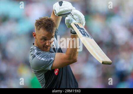 Laurie Evans von Manchester Originals vor dem Match der Hundred Eliminator Männer im Kia Oval in London. Bilddatum: Samstag, 26. August 2023. Stockfoto