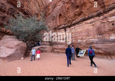 Menschen in der Khazali-Schlucht, berühmt für die alten Inschriften und Wasserlöcher, Wadi Rum, Jordanien, Nahost Stockfoto