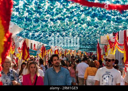 Geschmückte Straßen für Festas Dos Tabuleiros in Tomar Portugal 2023 Stockfoto