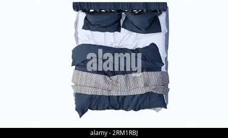 Leeres blau-weißes Bett mit Kopfkissen Mockup, Draufsicht, weißer Hintergrund Naturholz, Kopfbett, Bettbezug, Beistelltisch, Lampentisch, Stockfoto