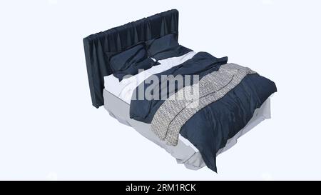 Leeres blau-weißes Bett mit Kopfkissen-Modell, dreidimensionale Ansicht, weißer Hintergrund aus natürlichem Holz, Kopfbett, Bettbezug, Beistelltisch, Lampentisch, Stockfoto