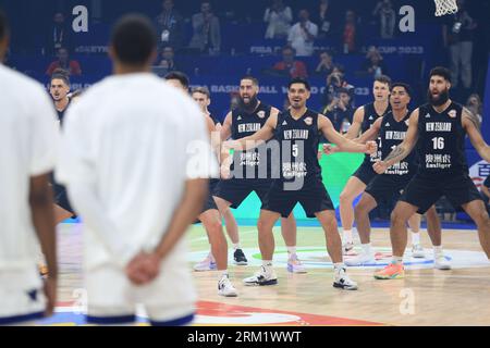 Pasay City, Metro Manila, Philippines. 26th Aug, 2023. The New Zealand Basketball Team performs the Haka Dance prior to their match against the United States.Team USA scoring a 99-72 victory over New Zealand. New Zealand tried to keep up but failed to match the firepower of the young USA squad. USA was bannered by reigning NBA Rookie of the Year Paolo Banchero who scored 21 Points and grabbed 4 Rebounds for his team. New Zealand, on the other hand was backstopped by Reuben Te Rangi who scored 15 points in a losing effort. (Credit Image: © Dennis Jerome Acosta/Pacific Press via ZUMA Press Wir Stock Photo