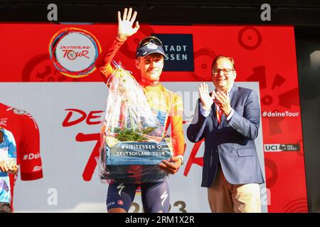 GER, Deutschland Tour, Stage 3, Arnsberg - Essen. 26.08.2023. Van Wilder, Ilan (Soudal Quick-Step), Generalanführer nach Stufe 3. Quelle: NewsNRW / Alamy Live News Stockfoto