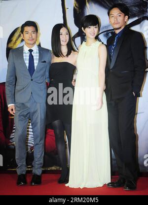 Bildnummer: 59661032  Datum: 17.05.2013  Copyright: imago/Xinhua (130518) -- TAIPEI, May, 2013 (Xinhua) -- (From L to R) Cast members actor Aaron Kwok, director Charlie Yeung, actress Kwai Lun-mei and actor Chang Chen pose for photos during the premiere of the film Christmas Rose , in Taipei, southeast China, May 17, 2013. (Xinhua) (lfj) CHINA-TAIPEI-FILM CHRISTMAS ROSE -PREMIERE (CN) PUBLICATIONxNOTxINxCHN People Entertainment Film Premiere Filmpremiere Pressetermin xdp x0x 2013 hoch     59661032 Date 17 05 2013 Copyright Imago XINHUA  Taipei May 2013 XINHUA from l to r Cast Members Actor Aar Stock Photo