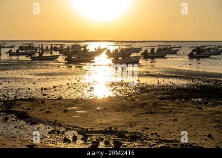 Fischerboote legen am Strand von Karbabad, Seef Beach Bahrain, Nahost an Stockfoto