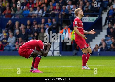 Emmanuel Latte Lath #9 von Middlesbrough reagiert, nachdem er eine Chance während des Sky Bet Championship Matches West Bromwich Albion vs Middlesbrough bei den Hawthorns, West Bromwich, Großbritannien, 26. August 2023 verpasst hat (Foto: Steve Flynn/News Images) Stockfoto