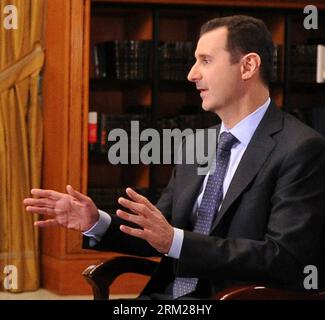 Bildnummer: 59737429  Datum: 30.05.2013  Copyright: imago/Xinhua The photo released by the official Syrian Arab News Agency (SANA) shows Syrian President Bashar al-Assad speaking during an interview with Lebanese al-Manar TV, in Damascus, Syria, May 30, 2013. Syrian President Bashar al-Assad has said that his administration would send an official delegation to the forthcoming international conference on the Syrian crisis slated for mid-June in Geneva. (Xinhua/SANA) (zcc) SYRIA-DAMASCUS-BASHAR-INTERVIEW PUBLICATIONxNOTxINxCHN People Politik xdp x0x premiumd 2013 quadrat     59737429 Date 30 05 Stockfoto