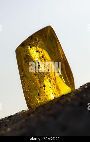 Eine natürliche, polierte Ostsee Amber an einem Sandstrand in den Strahlen der untergehenden Sonne. Kolobrzeg, Polen. Stockfoto