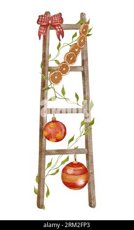 Aquarellset mit gemütlichem Wohndekor. Weihnachtsleiter mit getrockneten Orangen und Baumdekor. Für saisonale Dekoration, Grußkarten Stockfoto