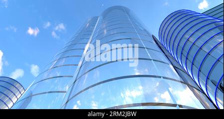 Zylindrische Glasfassade von neu errichteten Wolkenkratzern. Sieht gut und zuverlässig aus. 3D-Rendering. Stockfoto