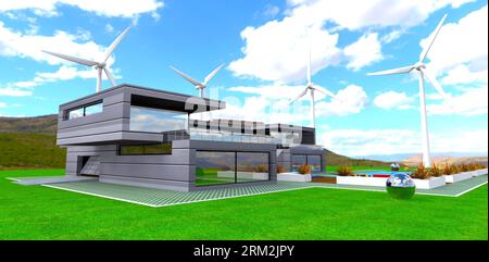 Neu errichtetes modernes Anwesen auf der Bergwiese. Mehrere Windturbinen im Hintergrund. 3D-Rendering. Stockfoto