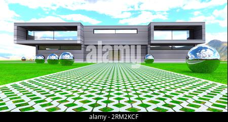 Reflektierende Stahlkugeln entlang des Betongitterwegs zum zeitgenössischen Haus auf der Bergwiese. 3D-Rendering. Stockfoto