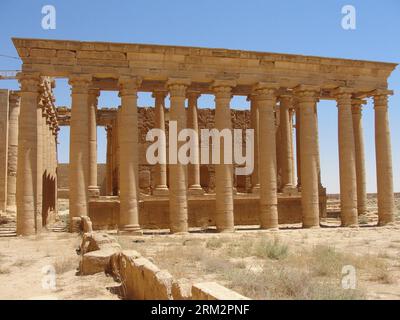 (130624) -- MOSUL (IRAK), 22. Juni 2013 (Xinhua) -- Foto aufgenommen am 22. Juni 2013 zeigt einen Teil der Überreste von Hatra, einer antiken Stadt 110 Kilometer südwestlich von Mosul, Irak. Hatra, eine große befestigte Stadt unter dem Einfluss des parthischen Reiches und Hauptstadt des ersten arabischen Reiches, trotzte den Invasionen der Römer in den Jahren 116 und 198 dank seiner hohen, dicken Mauern, die durch Türme verstärkt wurden. Die Überreste der Stadt, insbesondere die Tempel, in denen hellenistische und römische Architektur mit östlichen dekorativen Elementen verschmolzen sind, zeugen von der Größe ihrer Zivilisation. Sie wurde in die Liste der UN aufgenommen Stockfoto