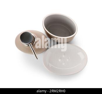 Toothbrush holder, container and bowl for soap isolated on white background Stock Photo