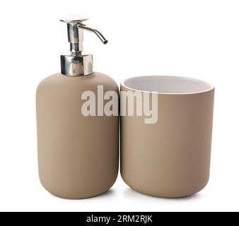 Toothbrush holder and container for liquid soap isolated on white background Stock Photo