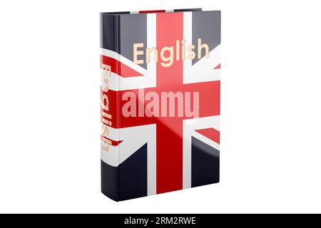 Englischkurs. Englischsprachiges Lehrbuch, 3D-Rendering isoliert auf weißem Hintergrund Stockfoto