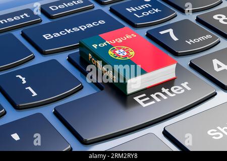 Portugiesisches Lehrbuch auf Laptop-Tastatur. Online-Kurse in portugiesischer Sprache, 3D-Rendering Stockfoto