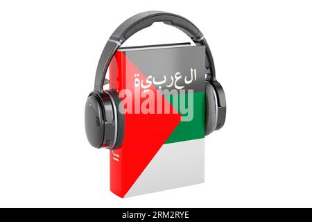 Arabisches Lehrbuch mit Kopfhörern. Lernen Sie Arabisch, Unterricht. 3D-Rendering isoliert auf weißem Hintergrund Stockfoto