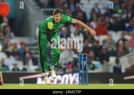 London, UK. 26th Aug, 2023. Southern Brave's Craig Overton bowling as The Manchester Originals take on The Southern Brave in The Hundred men's eliminator at The Kia Oval. Credit: David Rowe/Alamy Live News Stock Photo