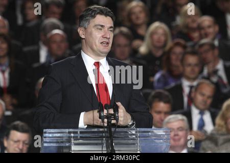 Bildnummer: 59923584  Datum: 30.06.2013  Copyright: imago/Xinhua (130701) -- ZAGREB, June 30, 2013 (Xinhua) -- Croatia s Prime Minister Zoran Milanovic addresses the celebration of the accession of Croatia to the European Union in Zagreb, Croatia, on June 30, 2013. Top officials across Europe arrived in Zagreb on Sunday to participate in the ceremony to celebrate Croatia s entry into EU. Croatia joined the European Union as the 28th member state on July 1, 2013. (Xinhua/Goran Stanzl/PIXSELL) (lyx) CROATIA-ZAGREB-EU-CELEBRATION PUBLICATIONxNOTxINxCHN xas x2x 2013 quer premiumd o0 People Politik Stock Photo