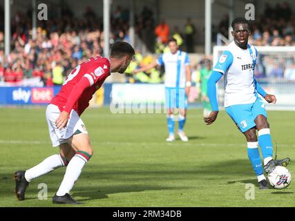 Barrow's Junior Tiensia plays a ball during the Sky Bet League 2 match between Barrow and Wrexham at the Holker Street, Barrow-in-Furness on Saturday 26th August 2023. (Photo: Michael Driver | MI News) Credit: MI News & Sport /Alamy Live News Stock Photo