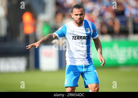 Barrow's Dom Telford während des Spiels der Sky Bet League 2 zwischen Barrow und Wrexham in der Holker Street, Barrow-in-Furness am Samstag, den 26. August 2023. (Foto: Michael Driver | MI News) Credit: MI News & Sport /Alamy Live News Stockfoto