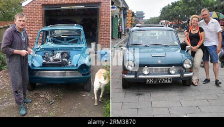 Bildnummer: 60099244  Datum: 10.07.2013  Copyright: imago/Xinhua (130710) -- JINZHONG, July 10, 2013 (Xinhua) -- This combined picture shows British Clive Raven repairing a Triumph 1300 made in 1967 in his garage in the UK on May 12, 2013 (L) and a portrait with his wife Gillian next to the car in Pingyao, north China s Shanxi Province, July 10, 2013. Driving the British vintage car, Raven and his wife Gillian arrived in Pingyao on July 9 via Datong from Beijing. The old couple had a dream traveling around the world, so they bought the car and restored it in 2008, and then they started their t Stock Photo