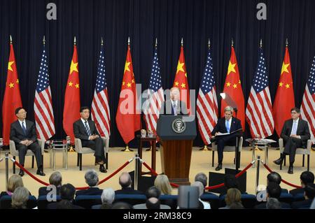 Bildnummer: 60103003  Datum: 10.07.2013  Copyright: imago/Xinhua (130710) -- WASHINGTON, July 10, 2013 (Xinhua) -- U.S. Vice President Joseph Biden (C) addresses as special representatives of Chinese President Xi Jinping, Chinese Vice Premier Wang Yang (2nd L) and State Councilor Yang Jiechi (1st L), U.S. President Barack Obama s special representatives Secretary of State John Kerry (2nd R) and Treasury Secretary Jacob Lew (1st R) listen during the opening ceremony of the fifth round of the China-U.S. Strategic and Economic Dialogue (S&ED) in Washington, the United States, on July 10, 2013. (X Stock Photo