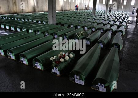 130710 -- SREBRENICA, July 10, 2013 Xinhua -- Remains of 409 newly identified victims of Srebrenica Massacre are seen in Memorial Center Potocari , near by Srebrenica, Bosnia-Herzegovina, on July 10, 2013. A huge funeral will be held on July 11. More than 7,000 Bosnian Muslim men and boys were massacred in Srebrenica in July 1995 by Bosnian Serb forces and a paramilitary unit from Serbia. Xinhua/Haris Memija BOSNIA AND HERZEGOVINA-SREBRENICA-ANIVERSARY OF MASSACR PUBLICATIONxNOTxINxCHN Stock Photo